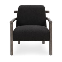 Front view of the charcoal accent chair with round wood arms and slim legs