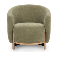 Front view of the Sage Dust chair with a rounded seat and curved oak base rail