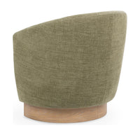 Rear view of the Sage Dust chair's curved upholstered back and oak base