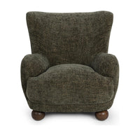 Front view of the Winter Fir wingback chair with rounded arms and wood feet