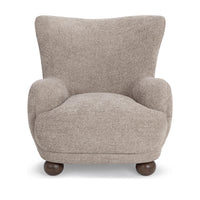 Front view of the Mushroom Taupe wingback chair with rounded arms and wood feet