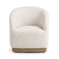 Front view of the Toasted Linen swivel chair with rounded arms and a wood base