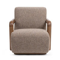 Front view of the Warm Mocha swivel chair with rounded wood arms and a broad seat
