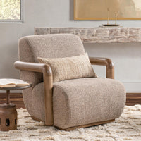 Warm Mocha swivel chair styled with a small lumbar pillow beside a side table