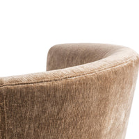 Close-up of the Walnut Heather chair's curved back edge and stitched trim