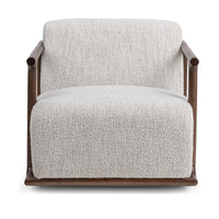 Front view of the ivory swivel chair with a broad seat and exposed wood arms