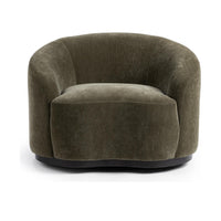 Front view of the Olive Moss chair's rounded seat and low curved arms