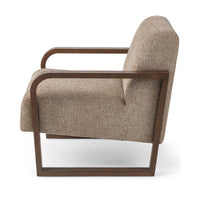 Side view of the Almond Husk chair with curved ash arms and an open lower frame