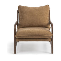 Front view of the Honey Oat chair with loose cushions and slim wood arms