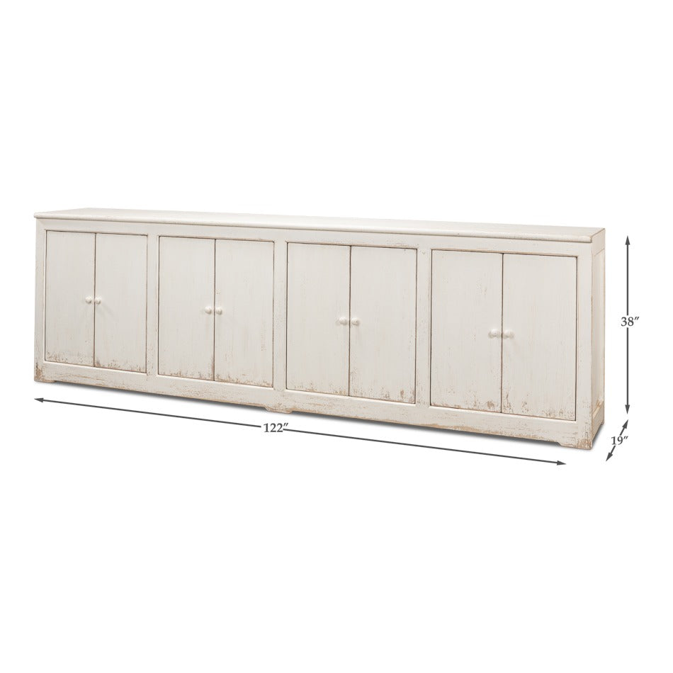 Farmhouse Eight-Door Sideboard, 122" – Whitewashed Reclaimed Pine with Tall Panel Doors - dimension drawing
