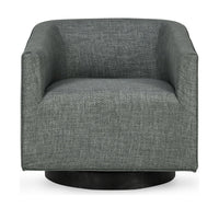 Front view of the dark gray swivel chair with sloping arms and a black circular base