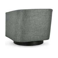 Rear view of the dark gray swivel chair with a smooth upholstered back and black base