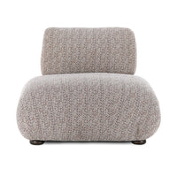 Front view of the armless upholstered chair with a broad rounded seat