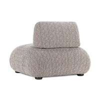 Rear three-quarter view of the armless chair with a compact back and low dark feet