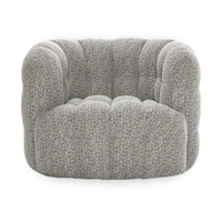Front view of the Heathered Gray swivel chair with a deeply tufted seat and arms