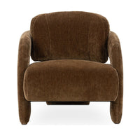 Front view of the Bronze accent chair with a broad seat and curved arms
