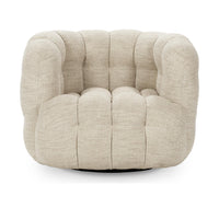 Front view of the beige tufted swivel chair with a rounded seat and arms