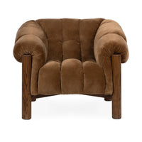 Front view of the Bronze channel-tufted chair with rolled arms and oak posts