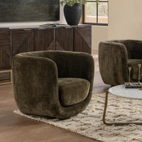 Olive Green tub-back swivel chairs styled beside a coffee table and wood console