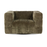 Front view of the Olive Green ruched chair with wide arms and a deep seat
