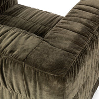 Overhead detail of the Olive Green chair's ruched back and arm corner