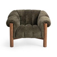 Front view of the Olive Green chair's channel-tufted back and broad padded arms