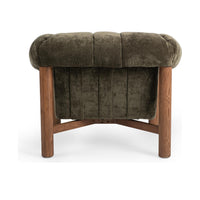Back view of the Olive Green chair showing vertical channels and an exposed oak frame
