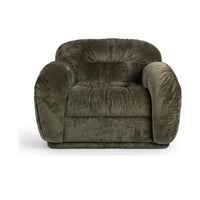 Front view of the Olive Green chair with gathered upholstery and broad rounded arms