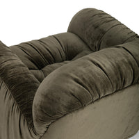 Elevated rear detail of the Olive Green chair's rounded back and gathered upholstery