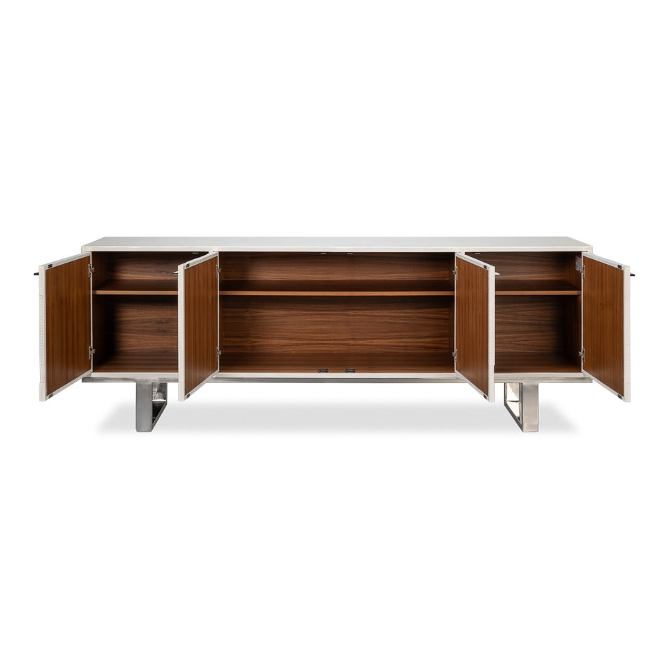 Contemporary Credenza, 94" - Embossed White Leather on Iron Base - additional view