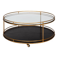 Round brass trolley cocktail table on wheels with glass top and leather lower shelf in antique gold