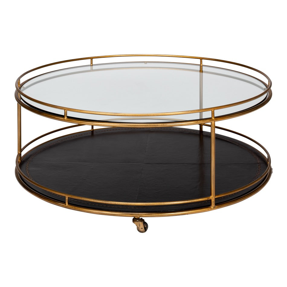 Round brass trolley cocktail table on wheels with glass top and leather lower shelf in antique gold