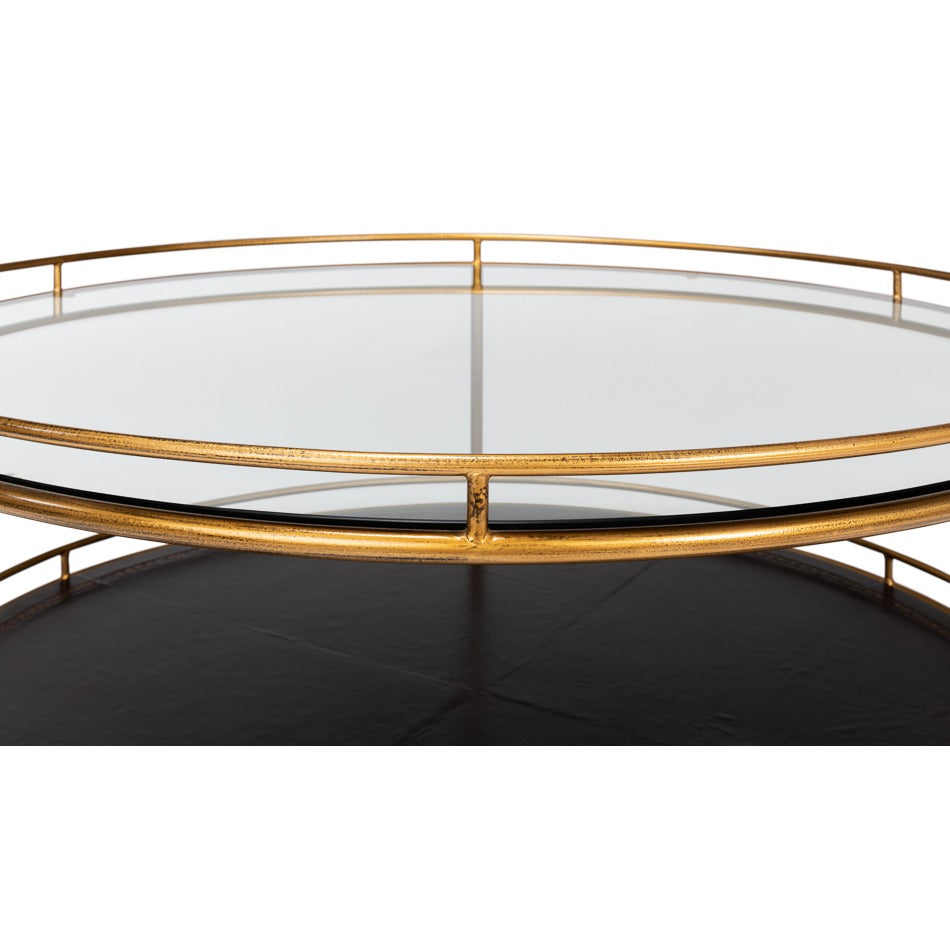 Brass Round Cocktail Table on Wheels – Tiered Glass - additional view
