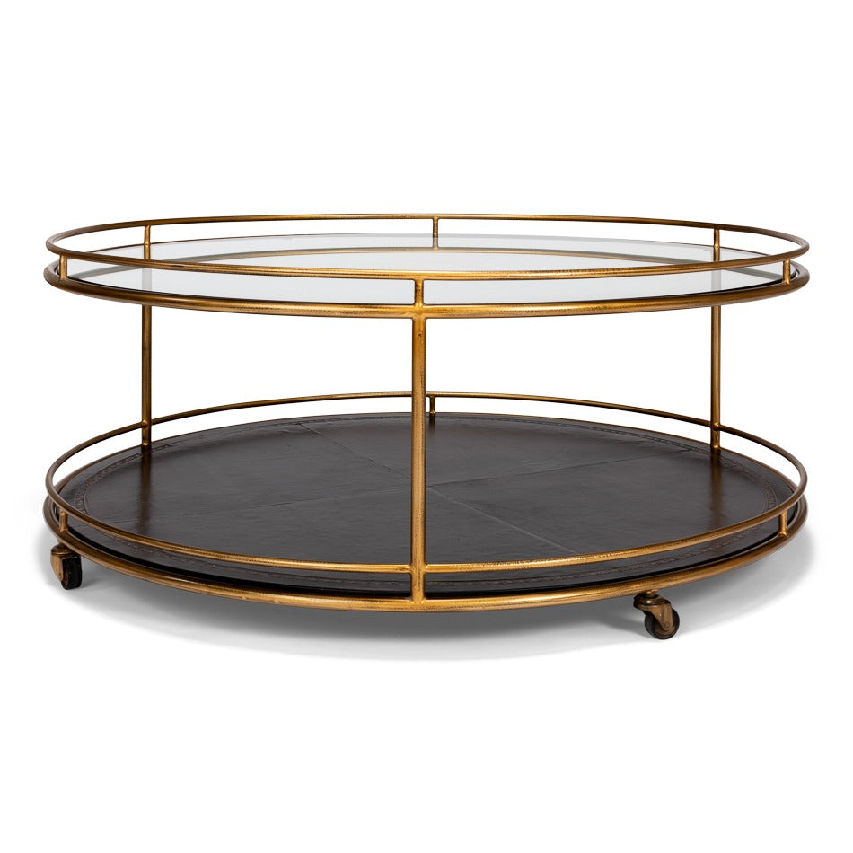 Brass Round Cocktail Table on Wheels – Tiered Glass - additional view