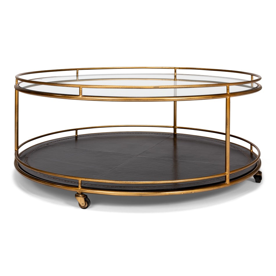 Brass Round Cocktail Table on Wheels – Tiered Glass - additional view