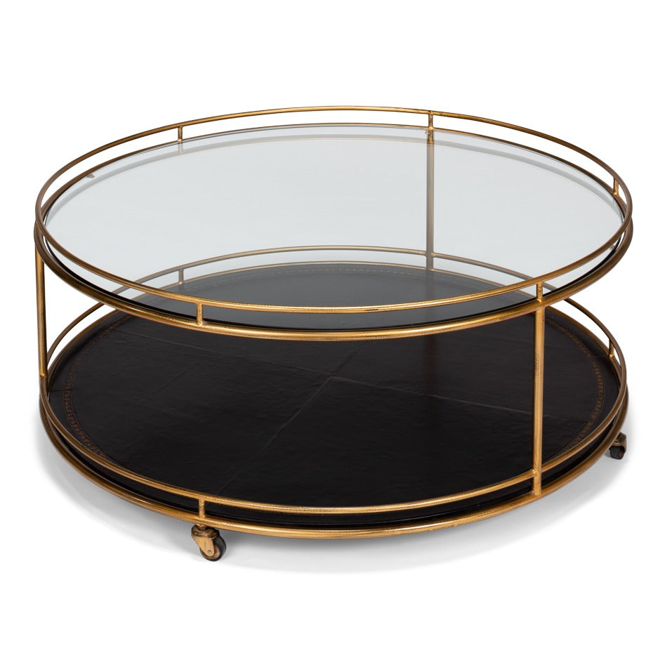 Brass Round Cocktail Table on Wheels – Tiered Glass - additional view