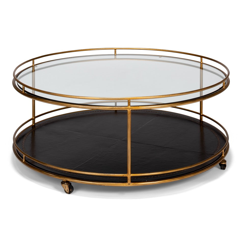 Brass Round Cocktail Table on Wheels – Tiered Glass - additional view