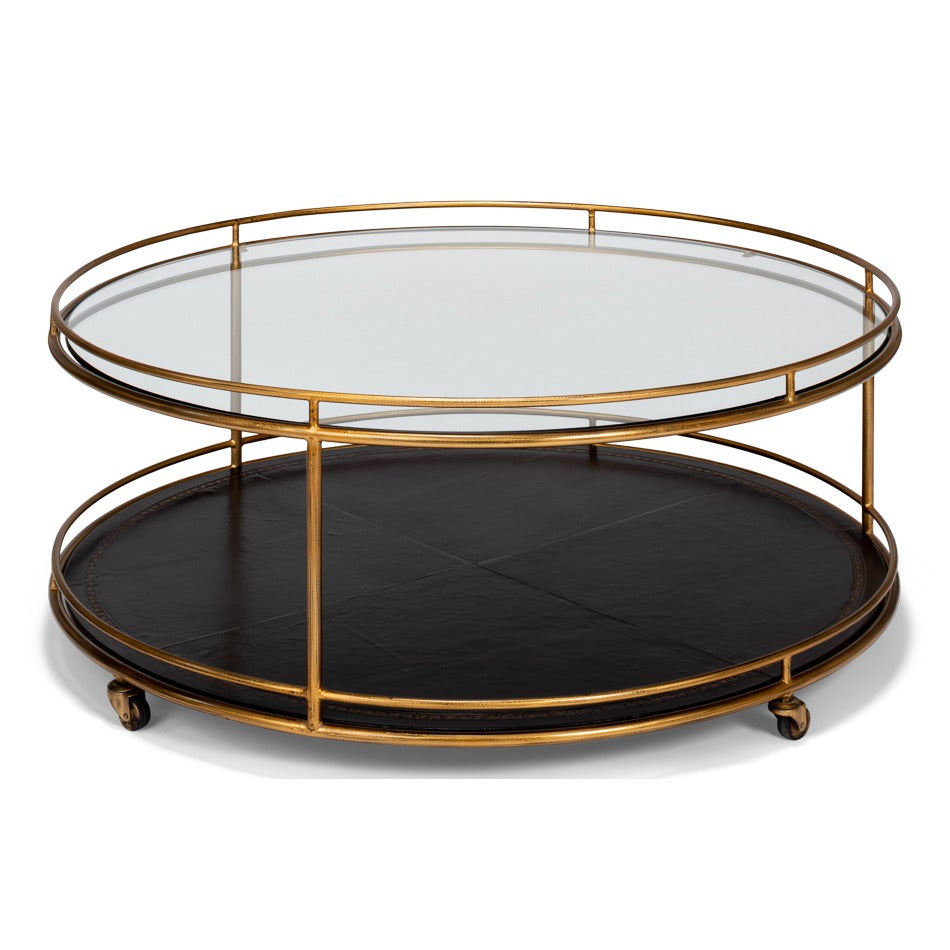 Brass Round Cocktail Table on Wheels – Tiered Glass - additional view