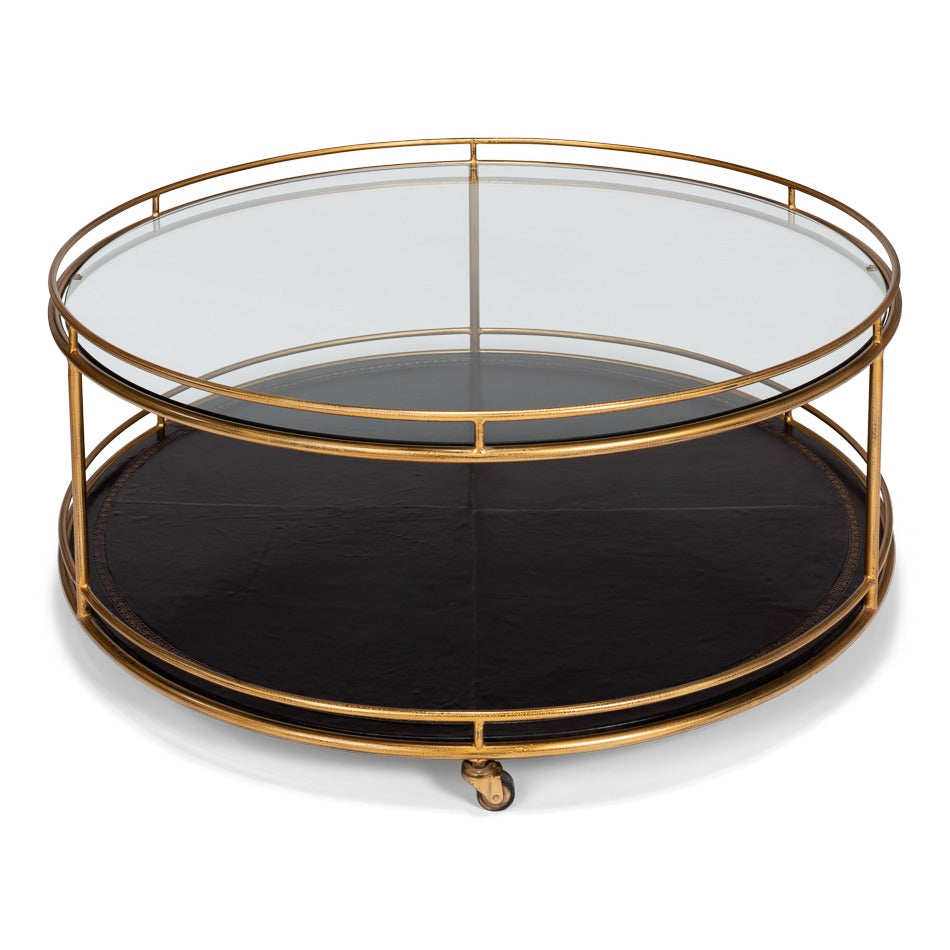 Brass Round Cocktail Table on Wheels – Tiered Glass - additional view