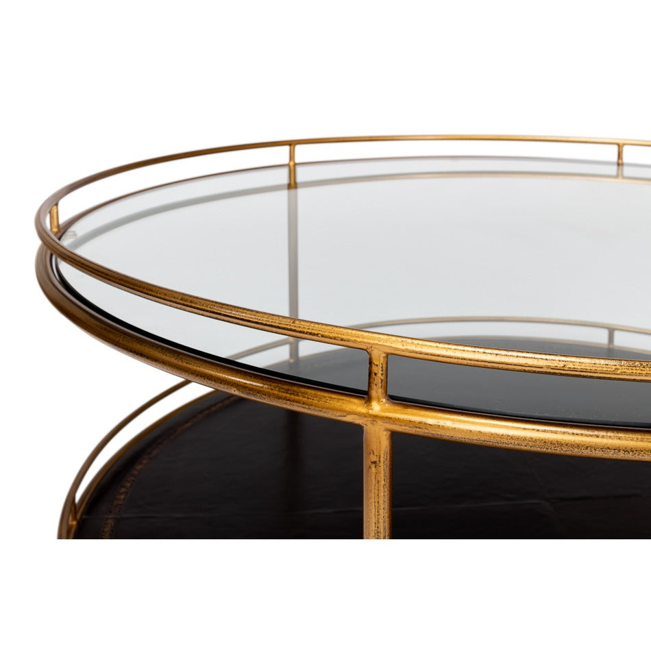 Brass Round Cocktail Table on Wheels – Tiered Glass - additional view
