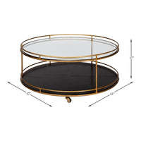 Brass Round Cocktail Table on Wheels – Tiered Glass - dimension drawing