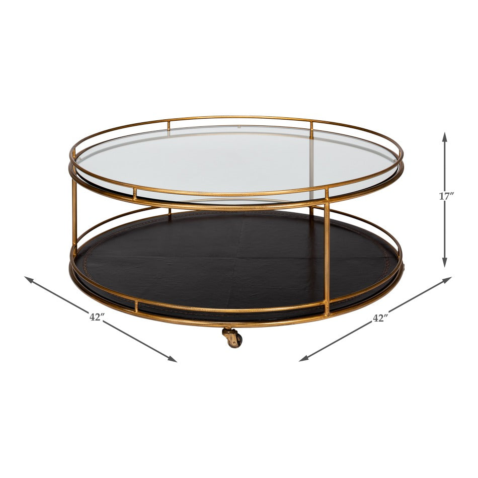 Brass Round Cocktail Table on Wheels – Tiered Glass - dimension drawing