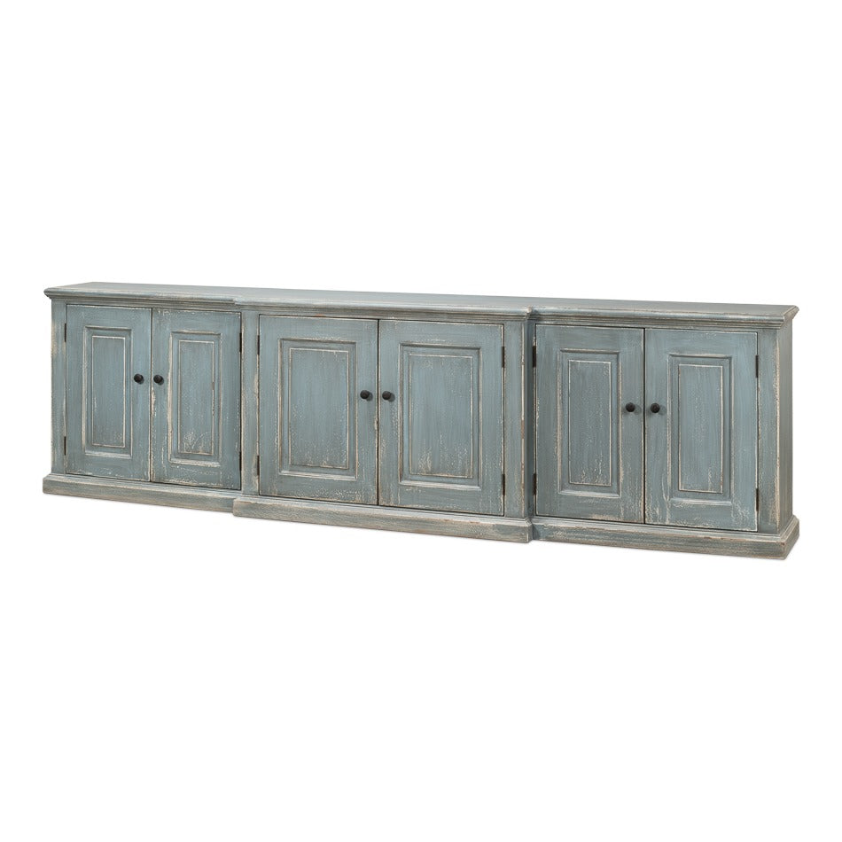 Traditional Six-Door Credenza, 122" – Distressed Blue-Grey Pine with Paneled Doors – styled view