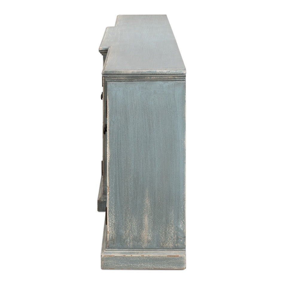 Traditional Six-Door Credenza, 122" – Distressed Blue-Grey Pine with Paneled Doors - additional view
