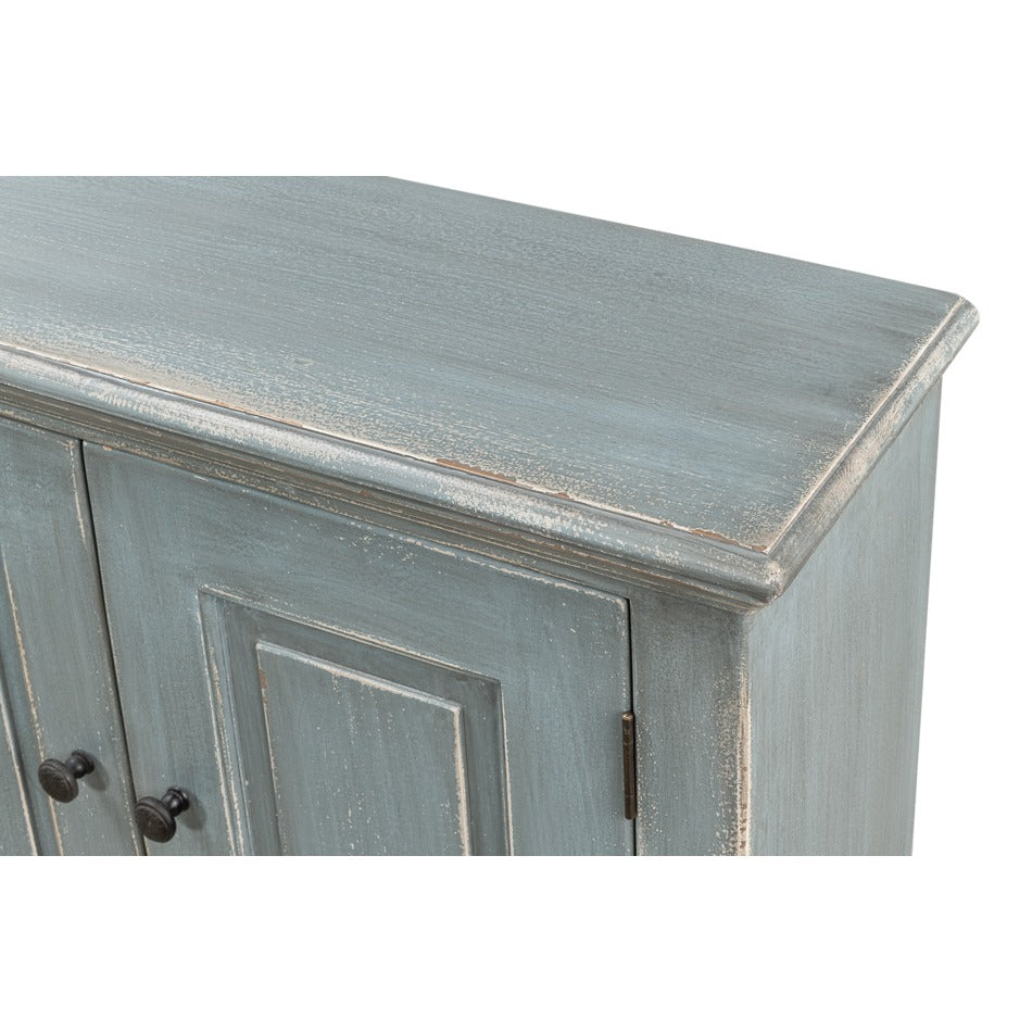 Traditional Six-Door Credenza, 122" – Distressed Blue-Grey Pine with Paneled Doors - additional view