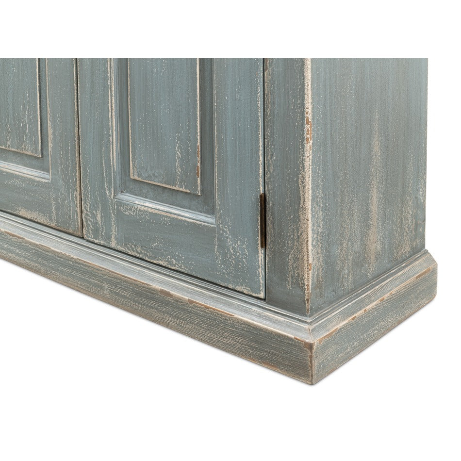 Traditional Six-Door Credenza, 122" – Distressed Blue-Grey Pine with Paneled Doors - additional view