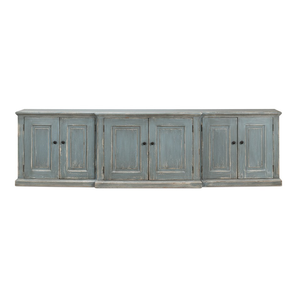 Traditional Six-Door Credenza, 122" – Distressed Blue-Grey Pine with Paneled Doors - additional view
