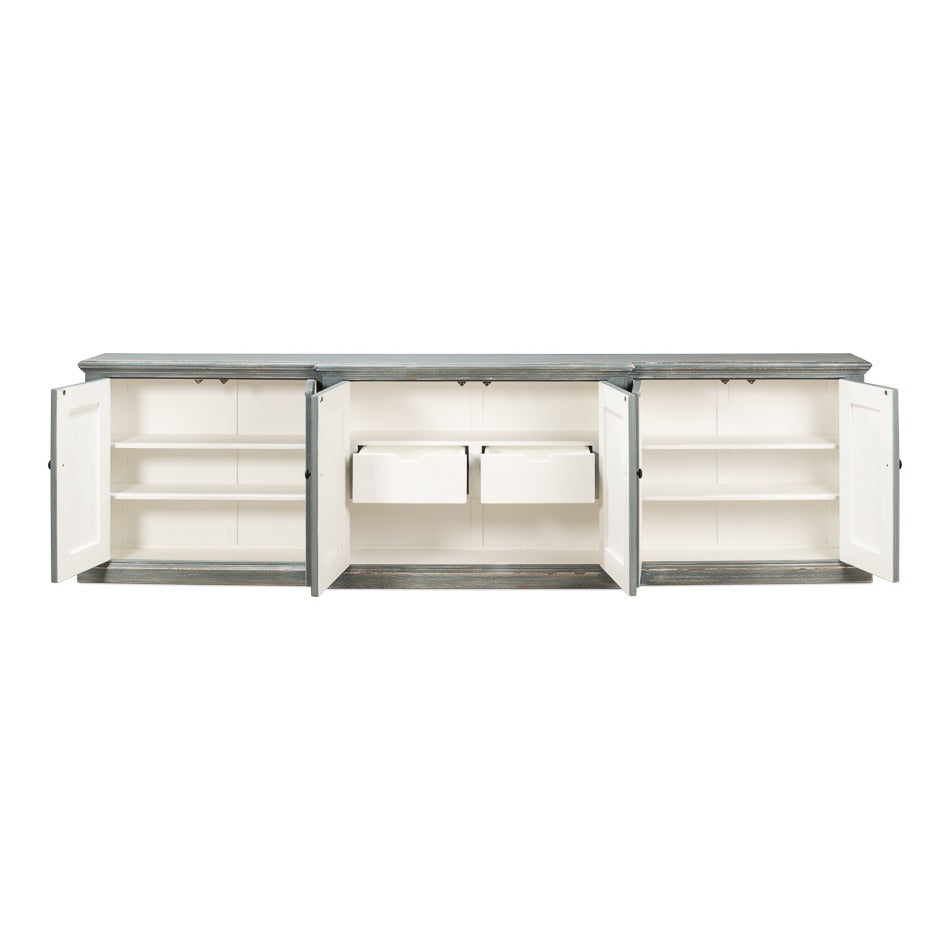 Traditional Six-Door Credenza, 122" – Distressed Blue-Grey Pine with Paneled Doors - additional view