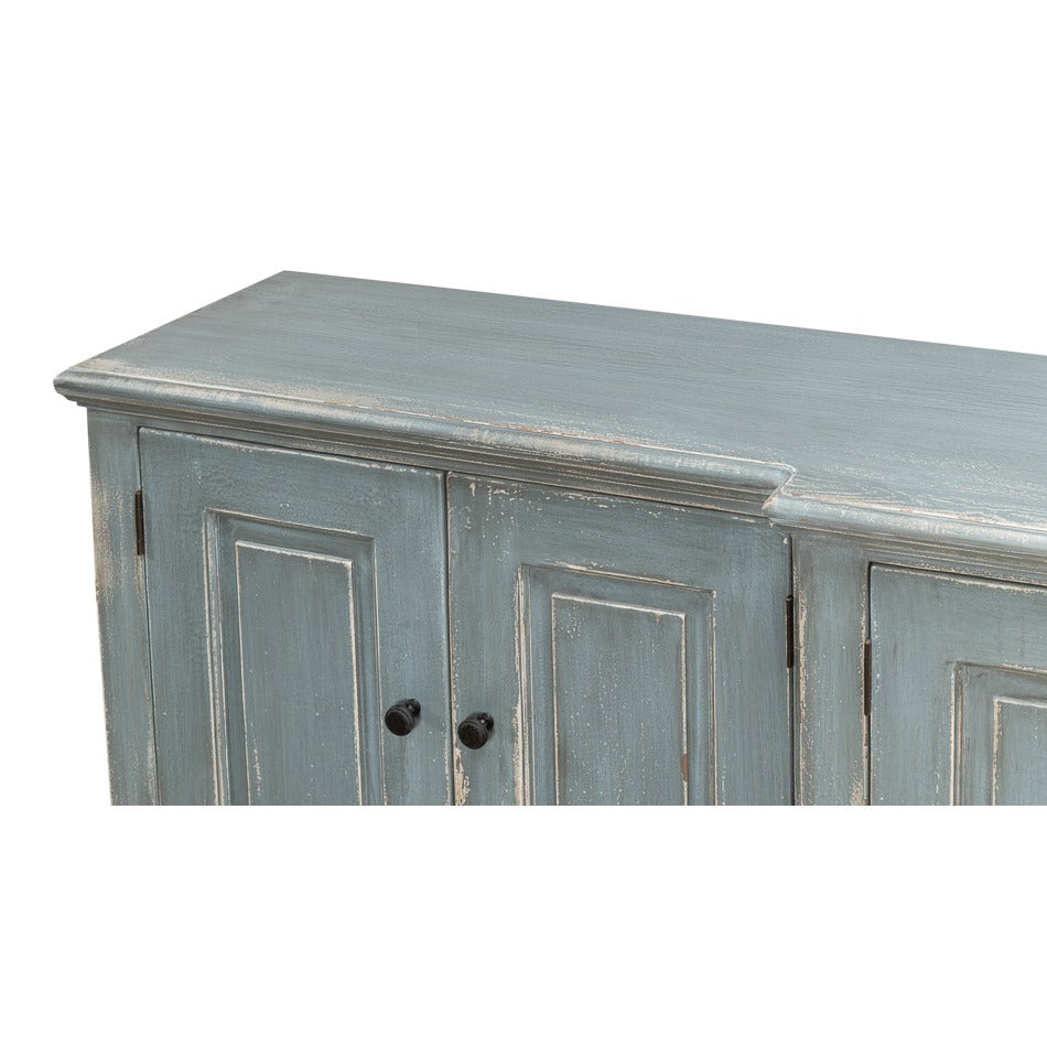 Traditional Six-Door Credenza, 122" – Distressed Blue-Grey Pine with Paneled Doors - additional view