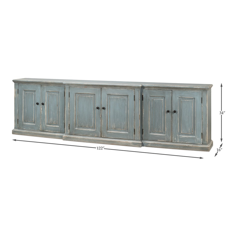 Traditional Six-Door Credenza, 122" – Distressed Blue-Grey Pine with Paneled Doors - dimension drawing